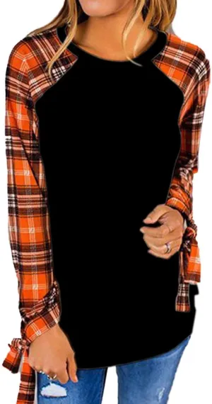 Famulily Women's Casual Raglan Tie Sleeve Plaid Print T Shirt Tops