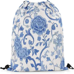 Feelyou Flower Drawstring Backpack 13"x15.7" Floral Botanical Gym String Bag Blossom Flowers Pattern Sports Drawstring Sackpack White Blue Rawstring Bags