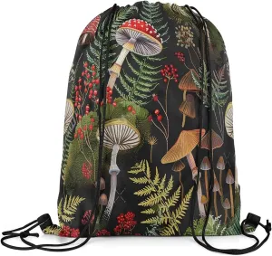 Feelyou Mushroom Drawstring Backpack 13"x15.7" Lichen Mushroom Drawstring Bags for Kawaii Fungus Sports Drawstring Sackpack Breathable Wild Plants Waterproof Cinch Bag