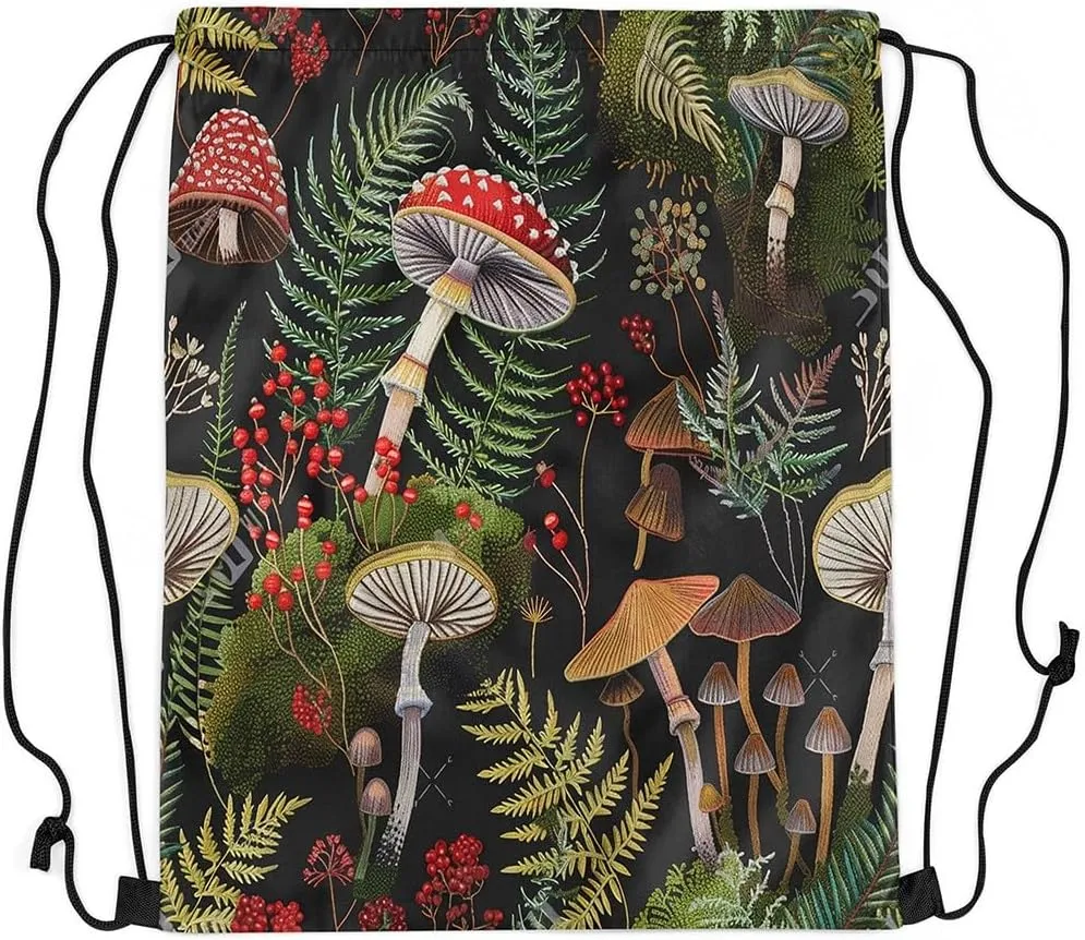 Feelyou Mushroom Drawstring Backpack 13"x15.7" Lichen Mushroom Drawstring Bags for Kawaii Fungus Sports Drawstring Sackpack Breathable Wild Plants Waterproof Cinch Bag