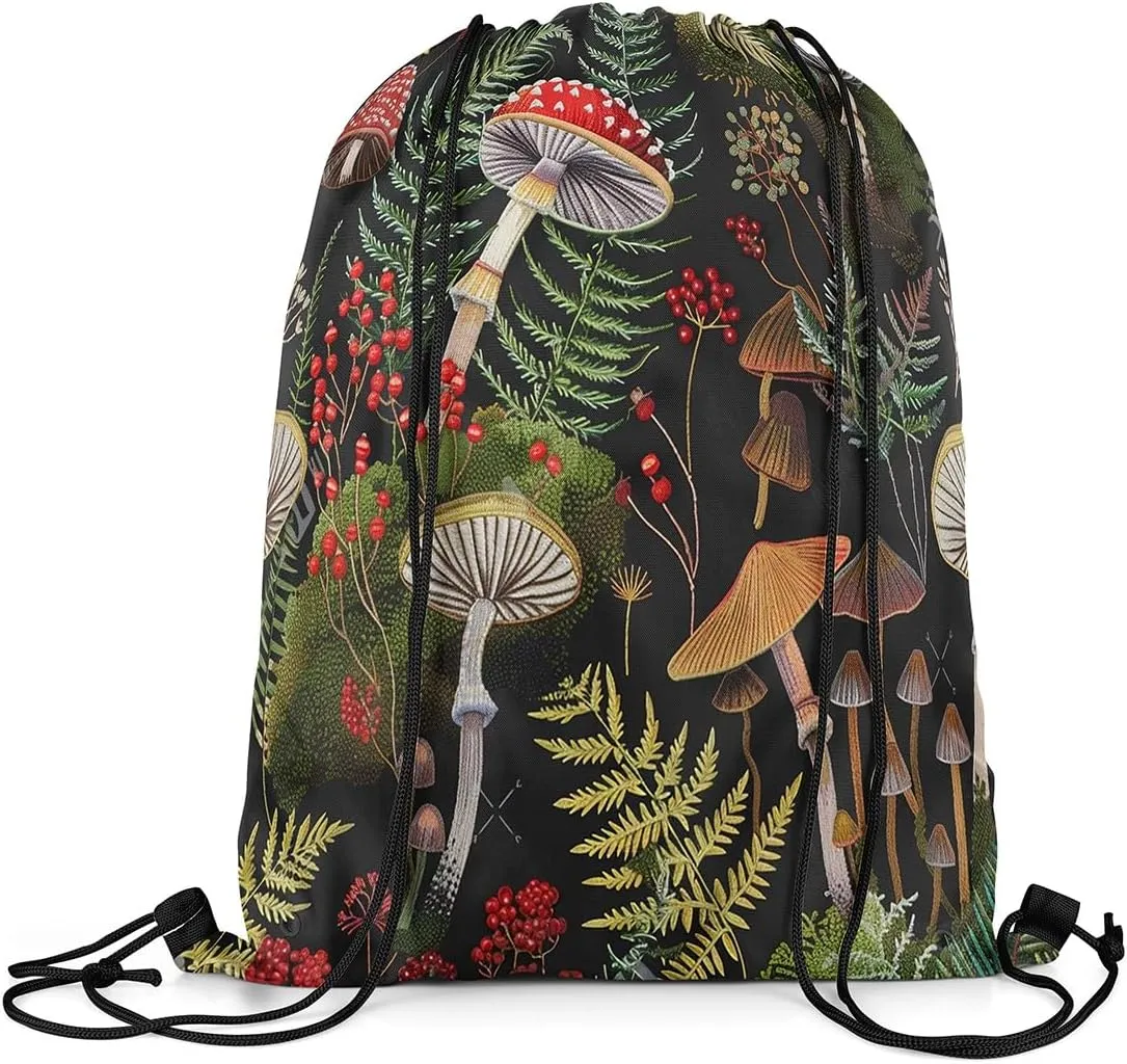 Feelyou Mushroom Drawstring Backpack 13"x15.7" Lichen Mushroom Drawstring Bags for Kawaii Fungus Sports Drawstring Sackpack Breathable Wild Plants Waterproof Cinch Bag