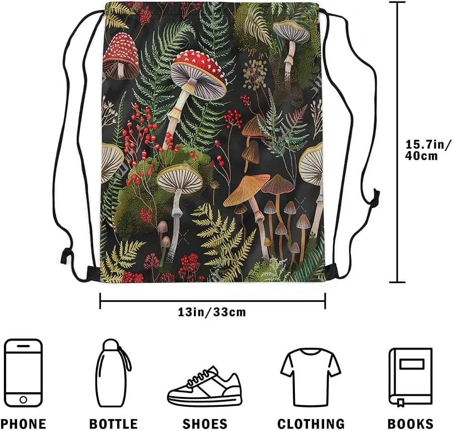 Feelyou Mushroom Drawstring Backpack 13"x15.7" Lichen Mushroom Drawstring Bags for Kawaii Fungus Sports Drawstring Sackpack Breathable Wild Plants Waterproof Cinch Bag