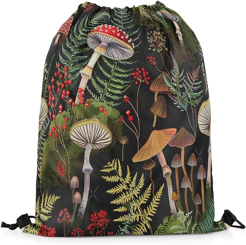 Feelyou Mushroom Drawstring Backpack 13"x15.7" Lichen Mushroom Drawstring Bags for Kawaii Fungus Sports Drawstring Sackpack Breathable Wild Plants Waterproof Cinch Bag