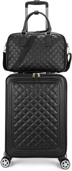 feilario 20in 2 Piece Set Travel Leather Softside Carry On Luggage Double Spinner Wheels Checked Suitcase