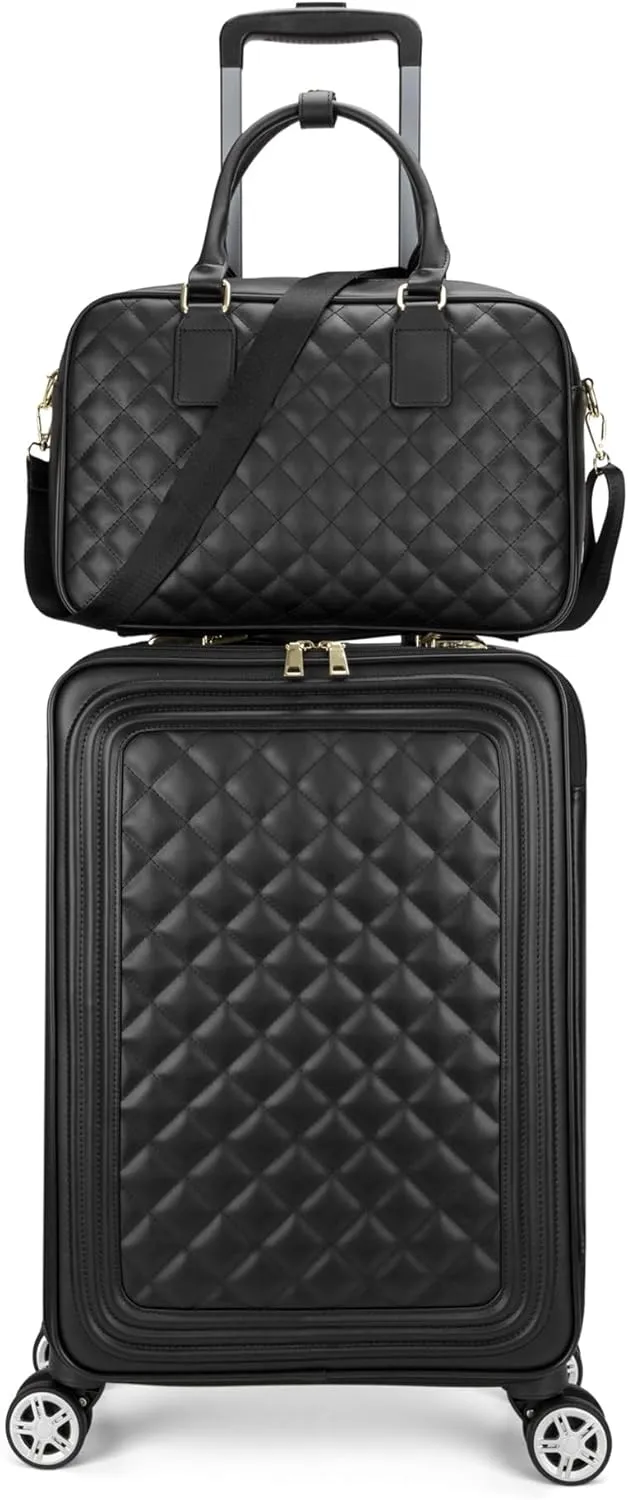 feilario 20in 2 Piece Set Travel Leather Softside Carry On Luggage Double Spinner Wheels Checked Suitcase
