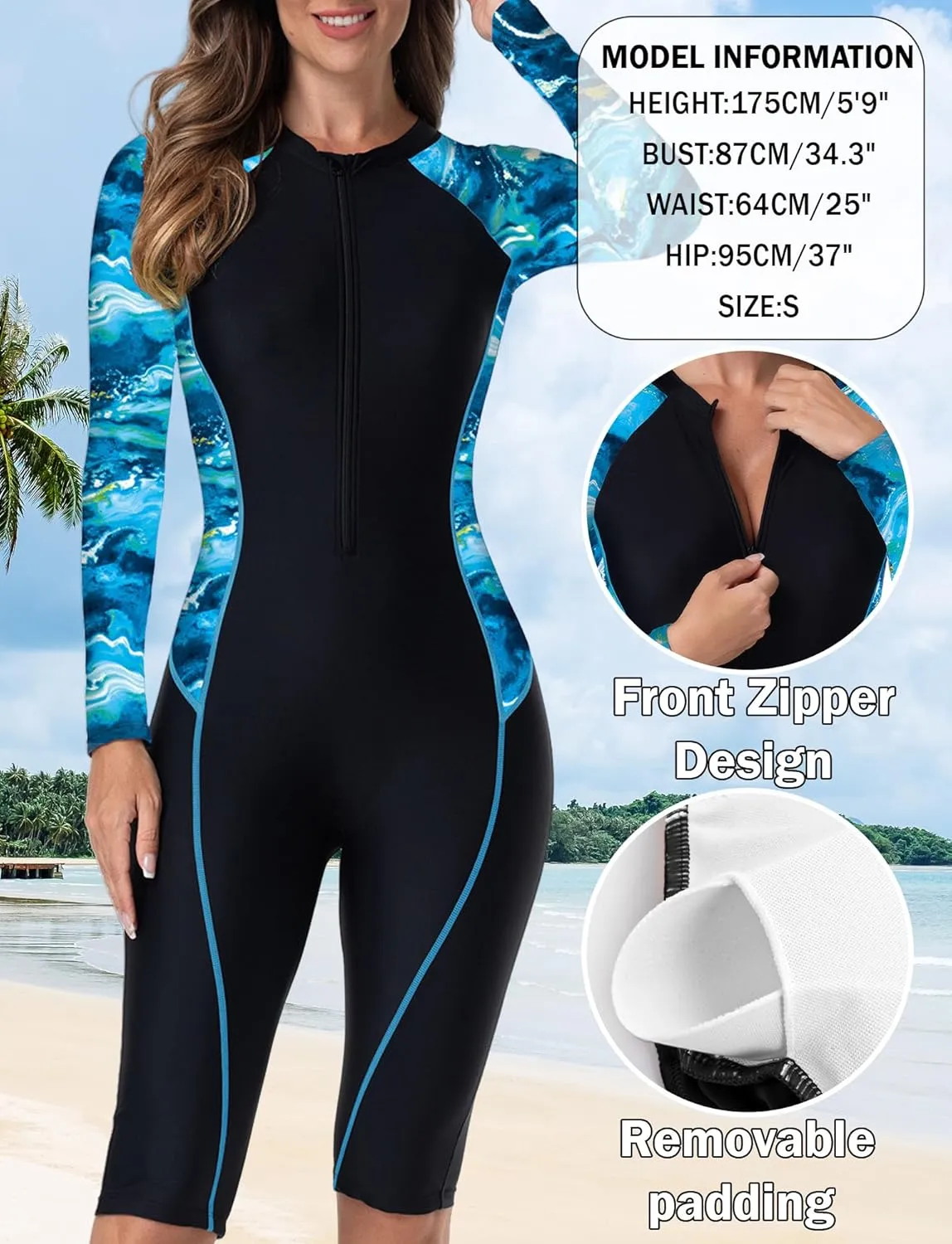 FEOYA Women Zip Front Rash Guard Colorblock Patchwork Swimsuit One Piece Monokini Boyleg Swimwear