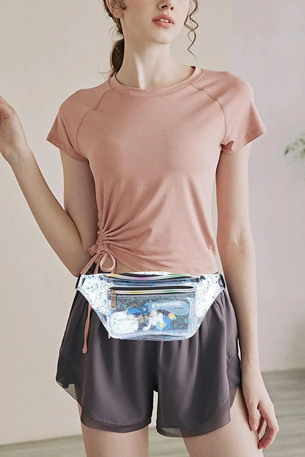 Festival Rave 80S 90S Holographic Dreamy Blue Green Clear Fanny Pack for Women Girls Concert Stadium Approved Waist Belt Bum Bags - Dreamy Blue Green Transparent