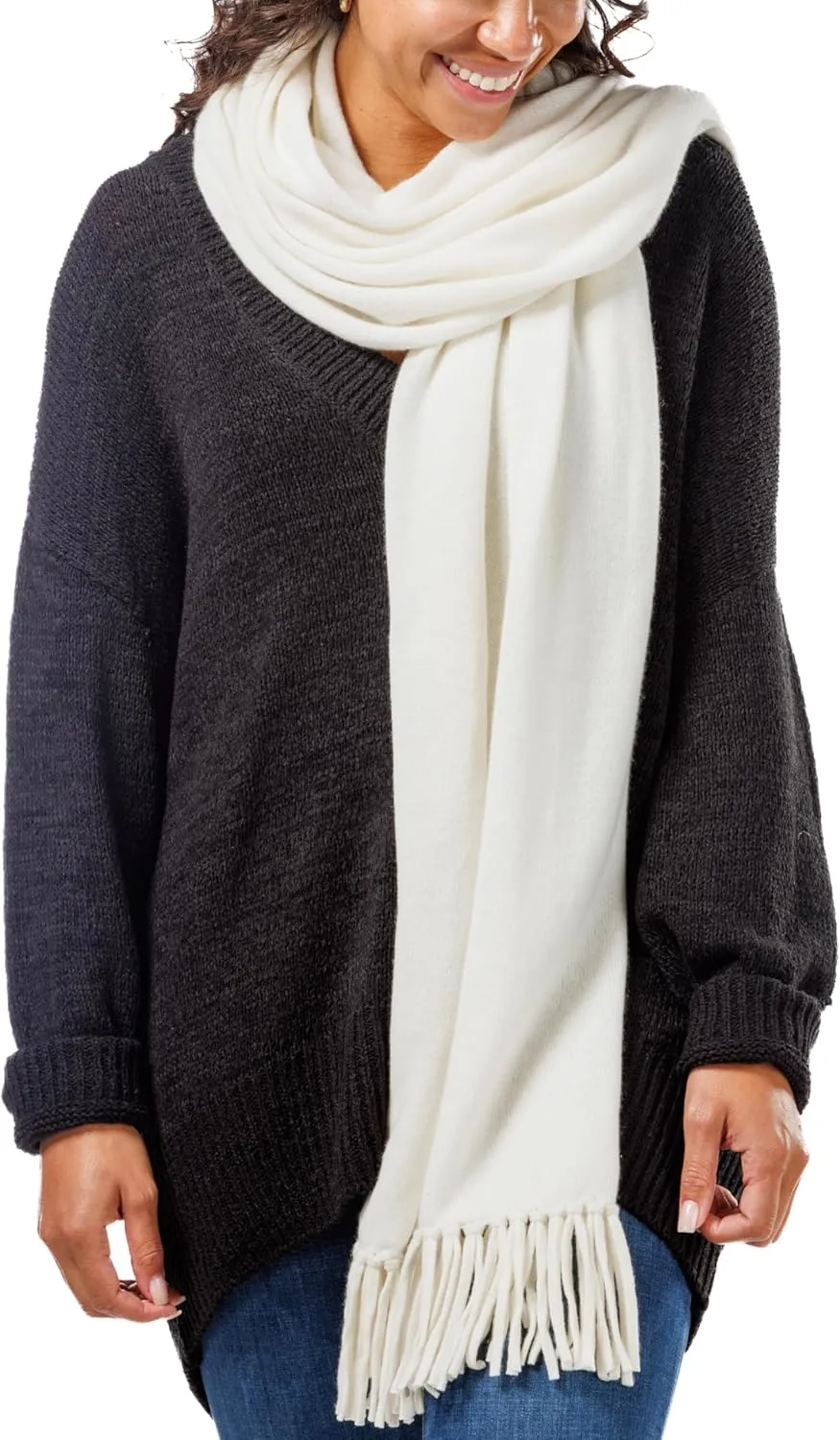 Fishers Finery Women's 100% Cashmere Knit Shawl Wrap with Fringe | Oversized 78” long by 28” wide