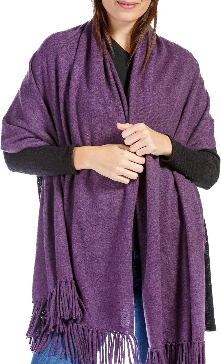 Fishers Finery Women's 100% Cashmere Knit Shawl Wrap with Fringe | Oversized 78” long by 28” wide