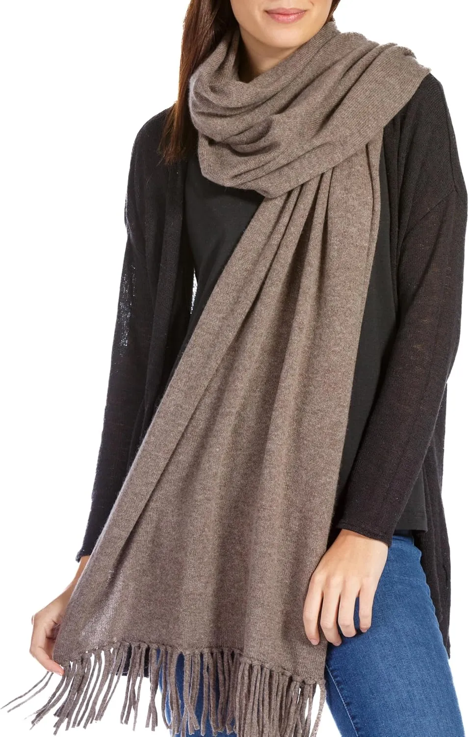 Fishers Finery Women's 100% Cashmere Knit Shawl Wrap with Fringe | Oversized 78” long by 28” wide