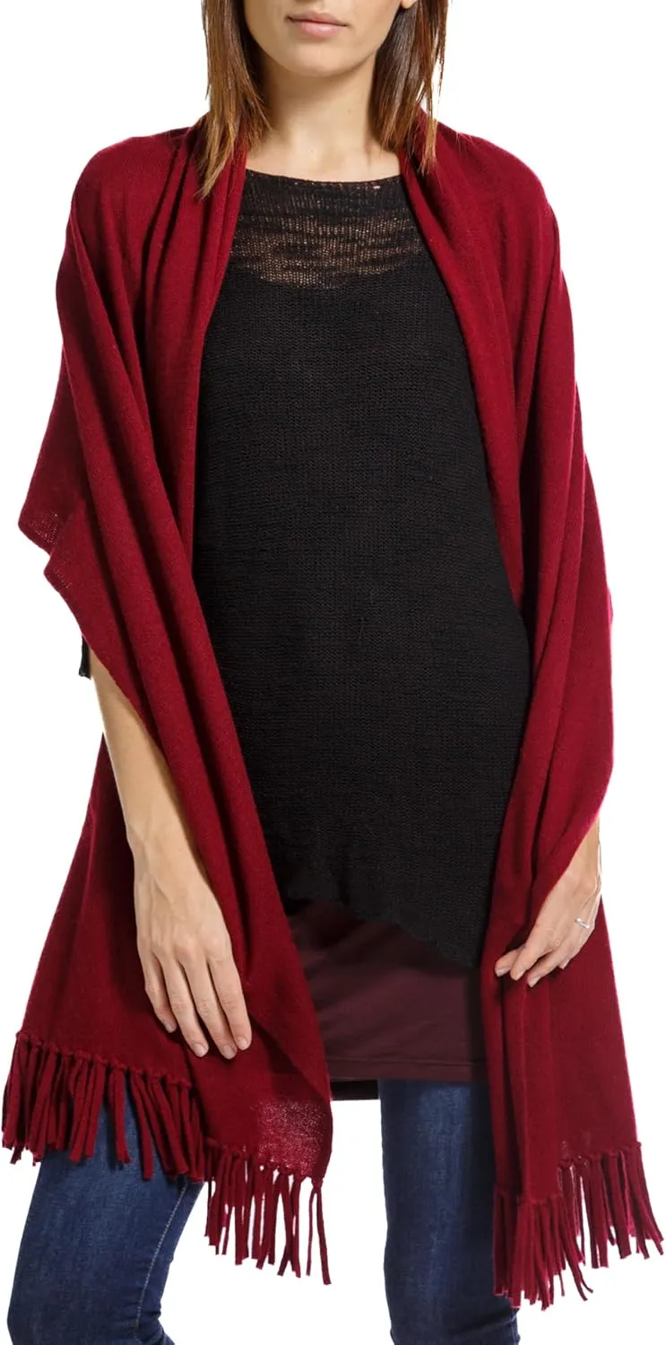 Fishers Finery Women's 100% Cashmere Knit Shawl Wrap with Fringe | Oversized 78” long by 28” wide