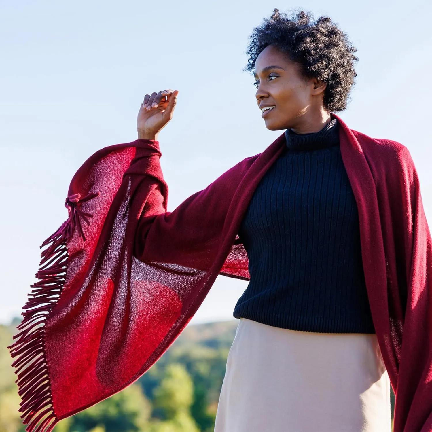 Fishers Finery Women's 100% Cashmere Knit Shawl Wrap with Fringe | Oversized 78” long by 28” wide
