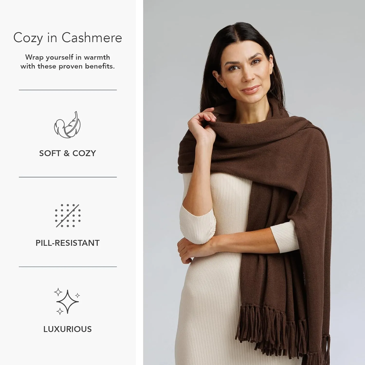 Fishers Finery Women's 100% Cashmere Knit Shawl Wrap with Fringe | Oversized 78” long by 28” wide