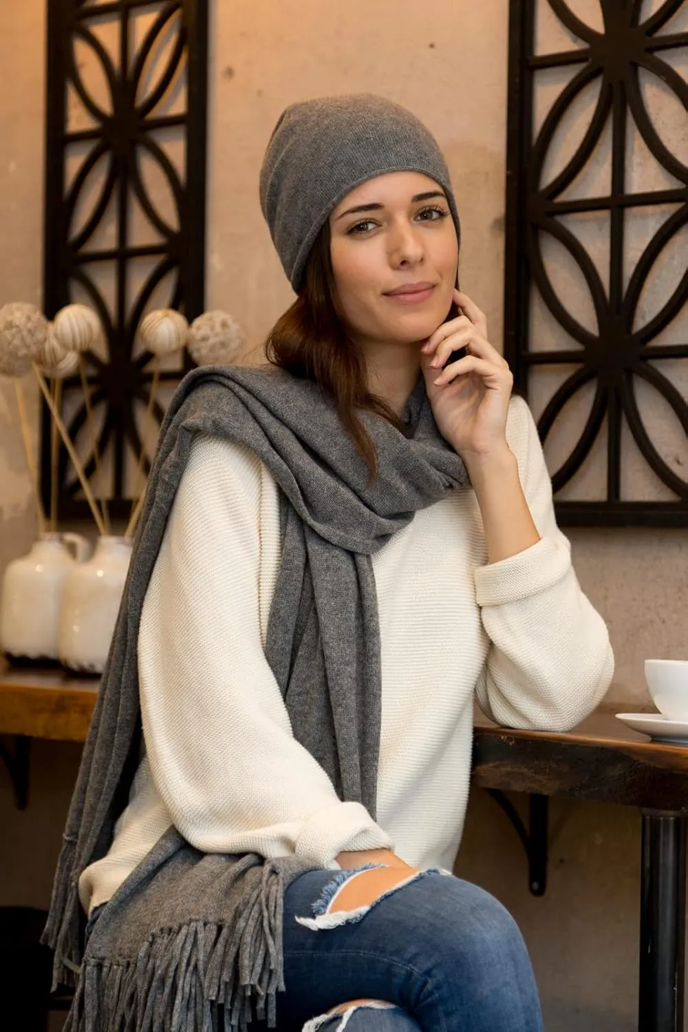 Fishers Finery Women's 100% Cashmere Knit Shawl Wrap with Fringe | Oversized 78” long by 28” wide