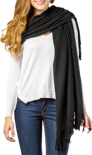 Fishers Finery Women's 100% Cashmere Knit Shawl Wrap with Fringe | Oversized 78” long by 28” wide