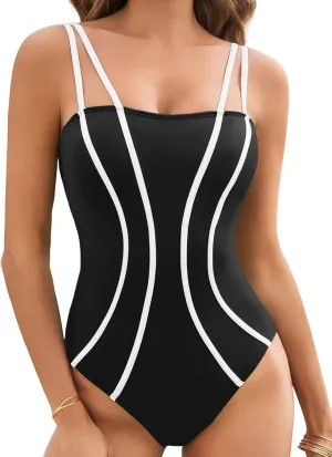 Fisoew Womens One Piece Tummy Control Swimsuits Backless Cutout Color Block Slimming Vintage Retro Bathing Suits
