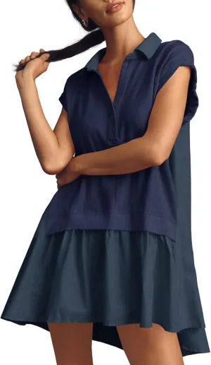 Fisoew Womens Summer Sweatshirt Dresses Short Sleeve V Neck Casual Oversized Patchwork Mini Dress
