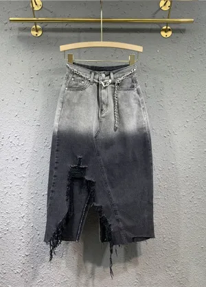 Fitted Black Grey Gradient Asymmetrical Pockets Patchwork Denim Skirts Fall