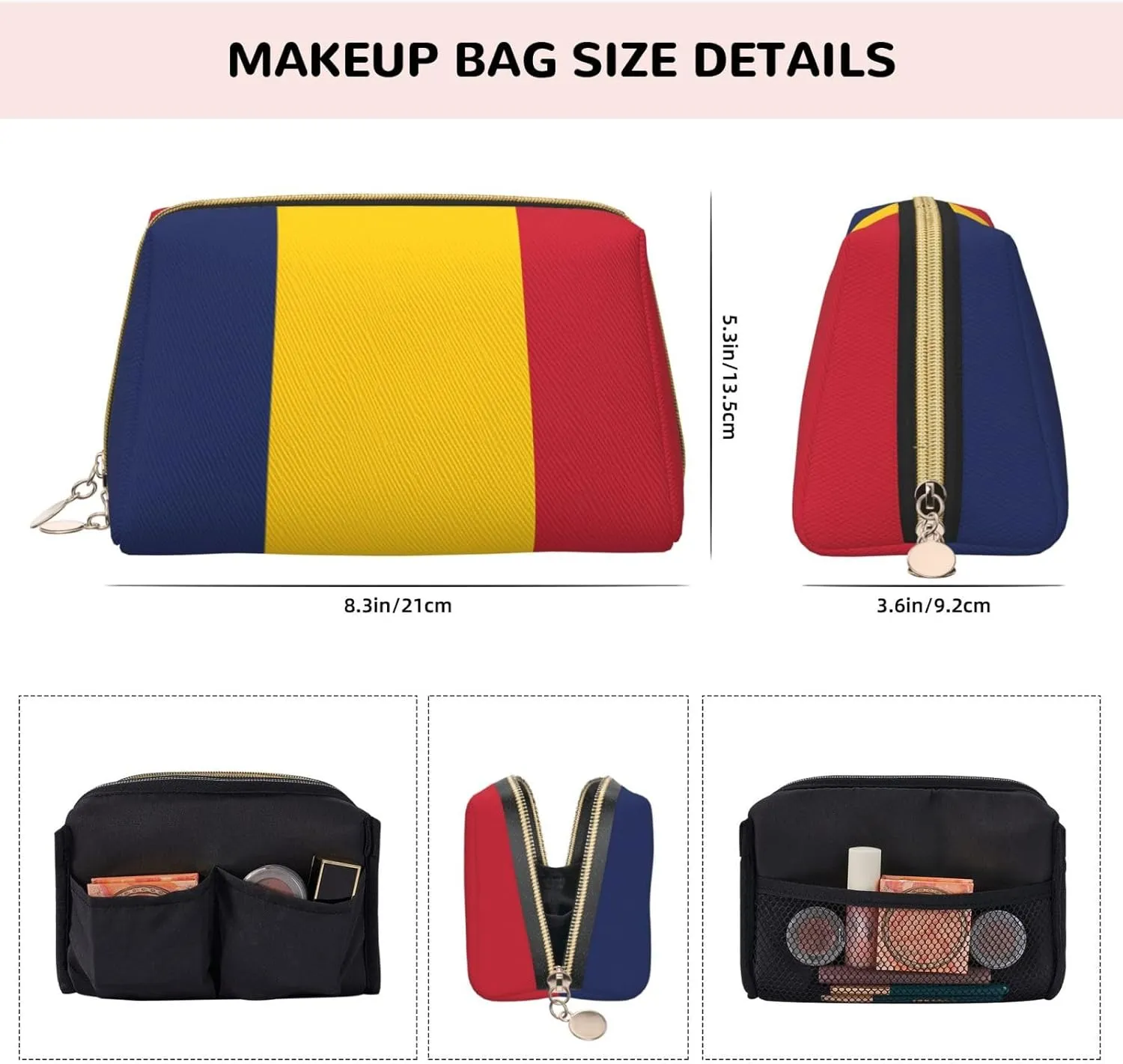 Flag Of Chadmakeup Bag Organizer,Toiletry Cosmetic Bag,Zipper Pouch Brushes Storage Case(Large)