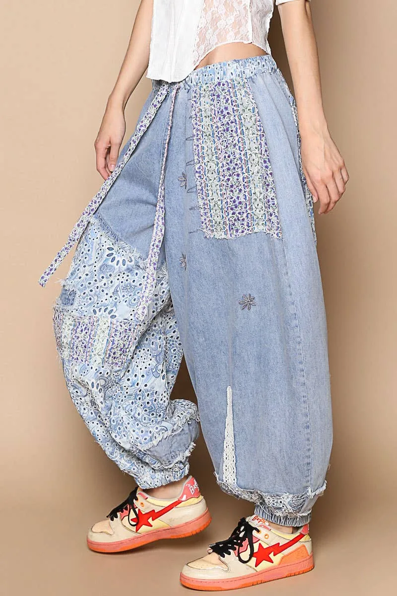 Floral print patchwork twill Jogger pants