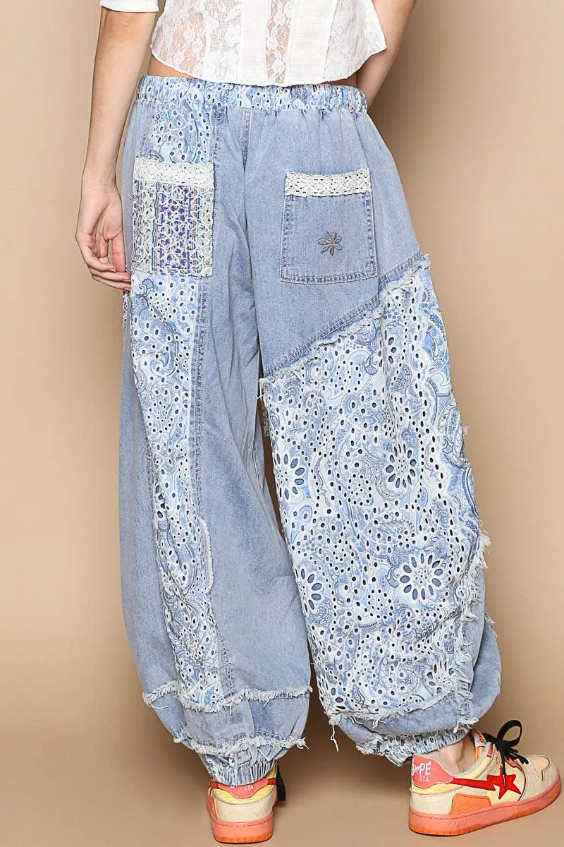 Floral print patchwork twill Jogger pants