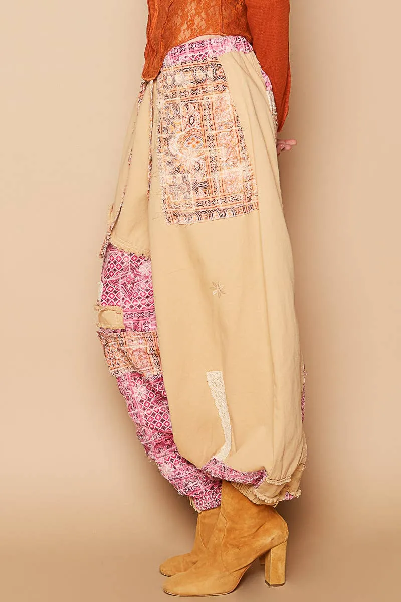 Floral print patchwork twill Jogger pants