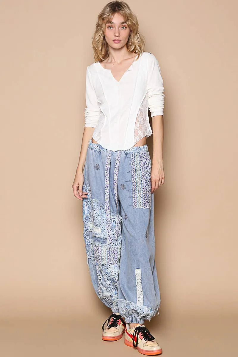 Floral print patchwork twill Jogger pants