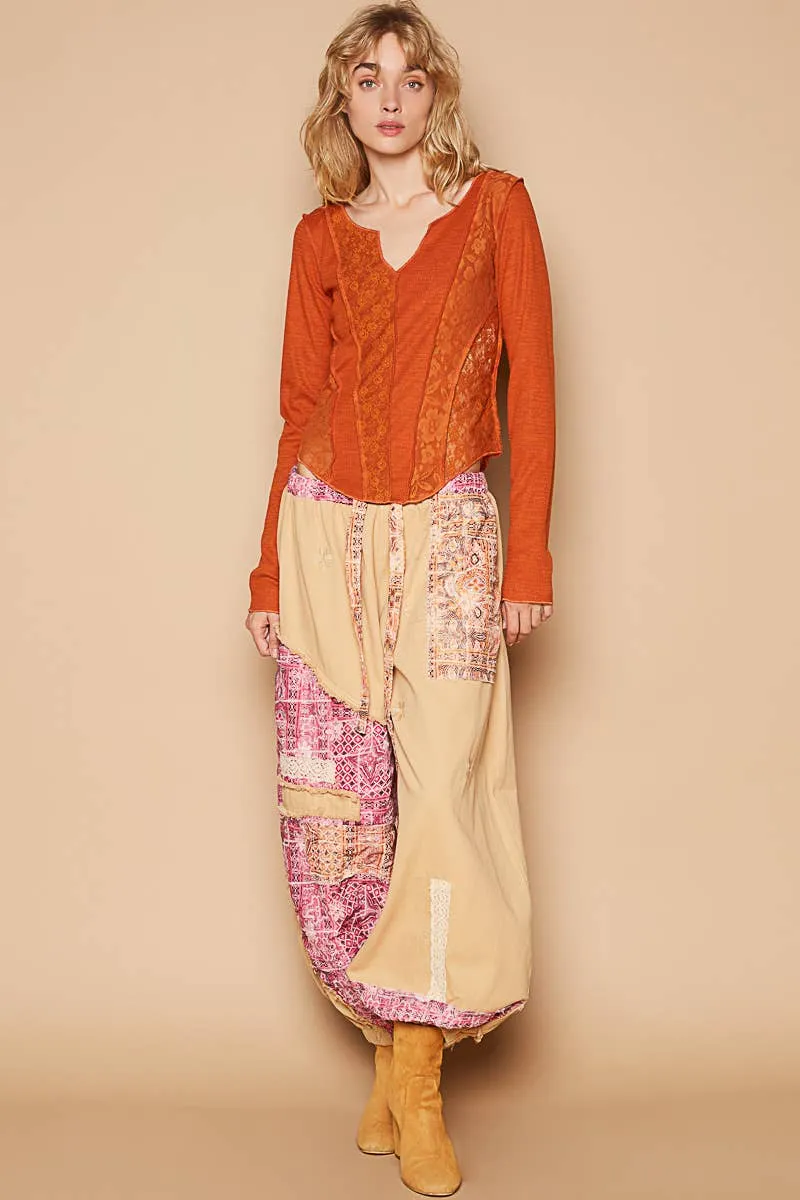Floral print patchwork twill Jogger pants