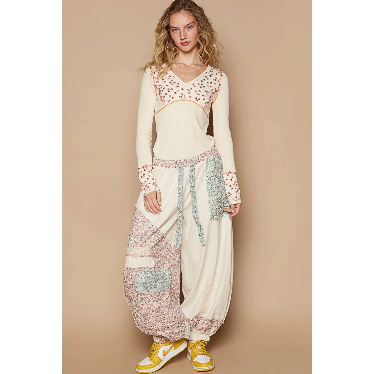 Floral print patchwork twill Jogger pants