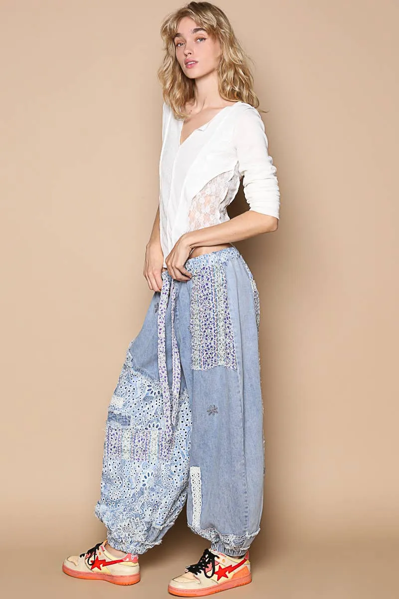Floral print patchwork twill Jogger pants