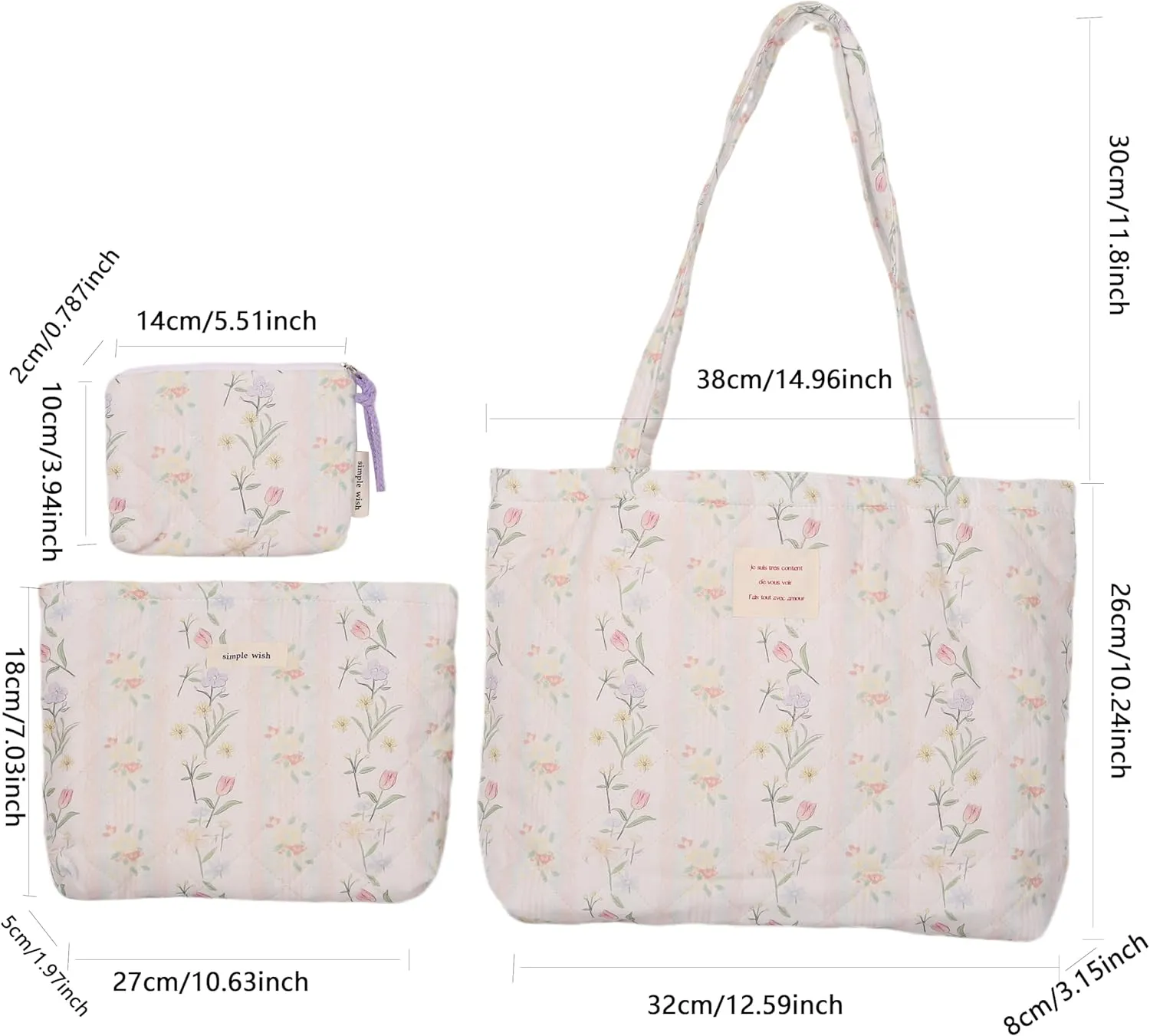 Floral Quilted Cotton Shoulder Bag Set 3-in-1 Handbag with Matching Mini Pouch Cosmetic Bag Large Capacity Tote A053 (Striped floral)