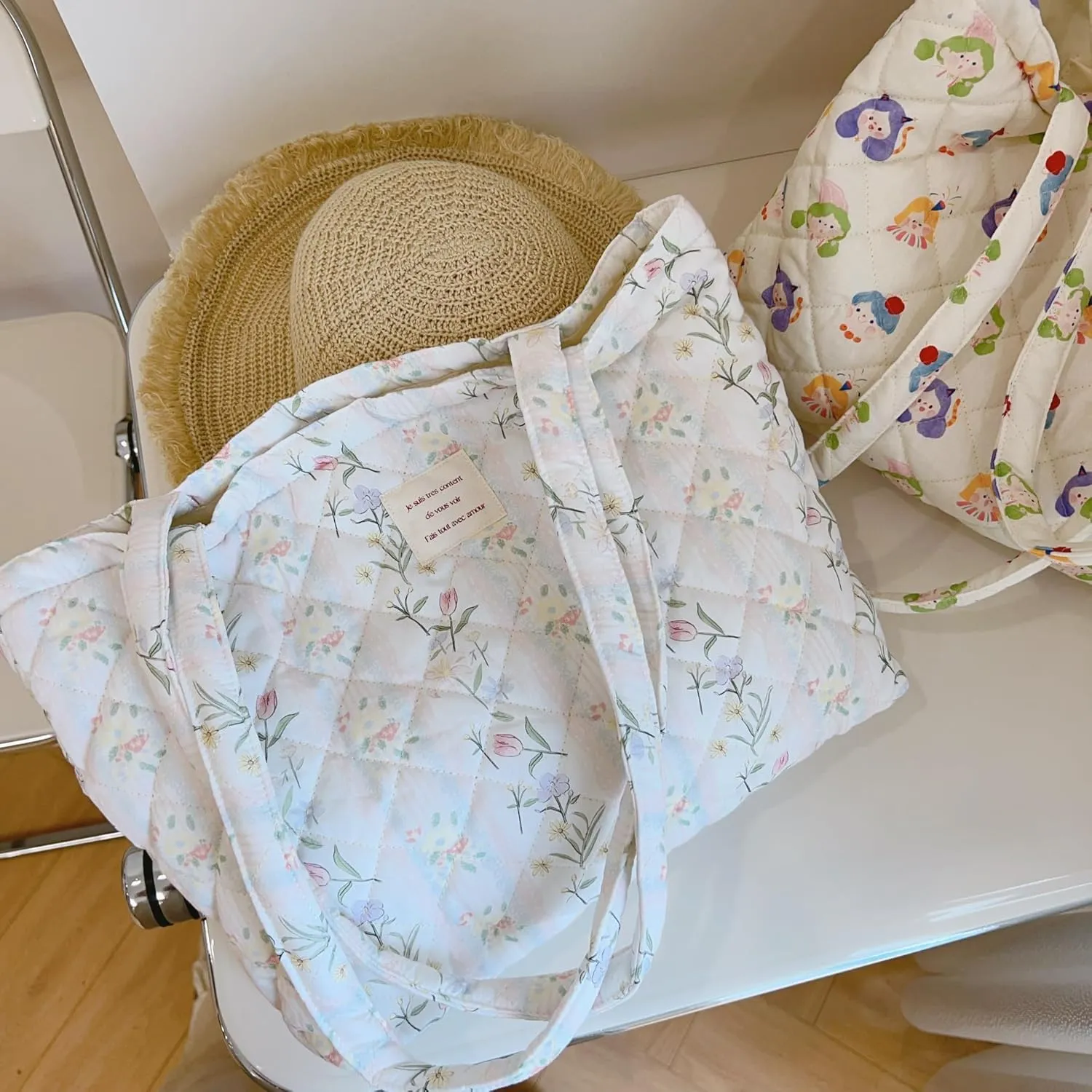 Floral Quilted Cotton Shoulder Bag Set 3-in-1 Handbag with Matching Mini Pouch Cosmetic Bag Large Capacity Tote A053 (Striped floral)