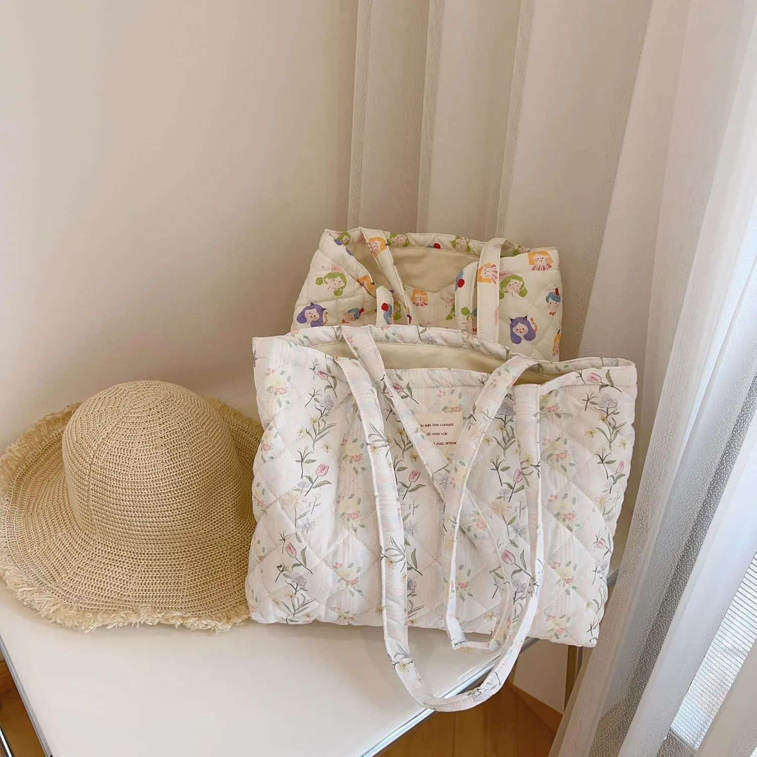 Floral Quilted Cotton Shoulder Bag Set 3-in-1 Handbag with Matching Mini Pouch Cosmetic Bag Large Capacity Tote A053 (Striped floral)