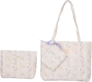 Floral Quilted Cotton Shoulder Bag Set 3-in-1 Handbag with Matching Mini Pouch Cosmetic Bag Large Capacity Tote A053 (Striped floral)