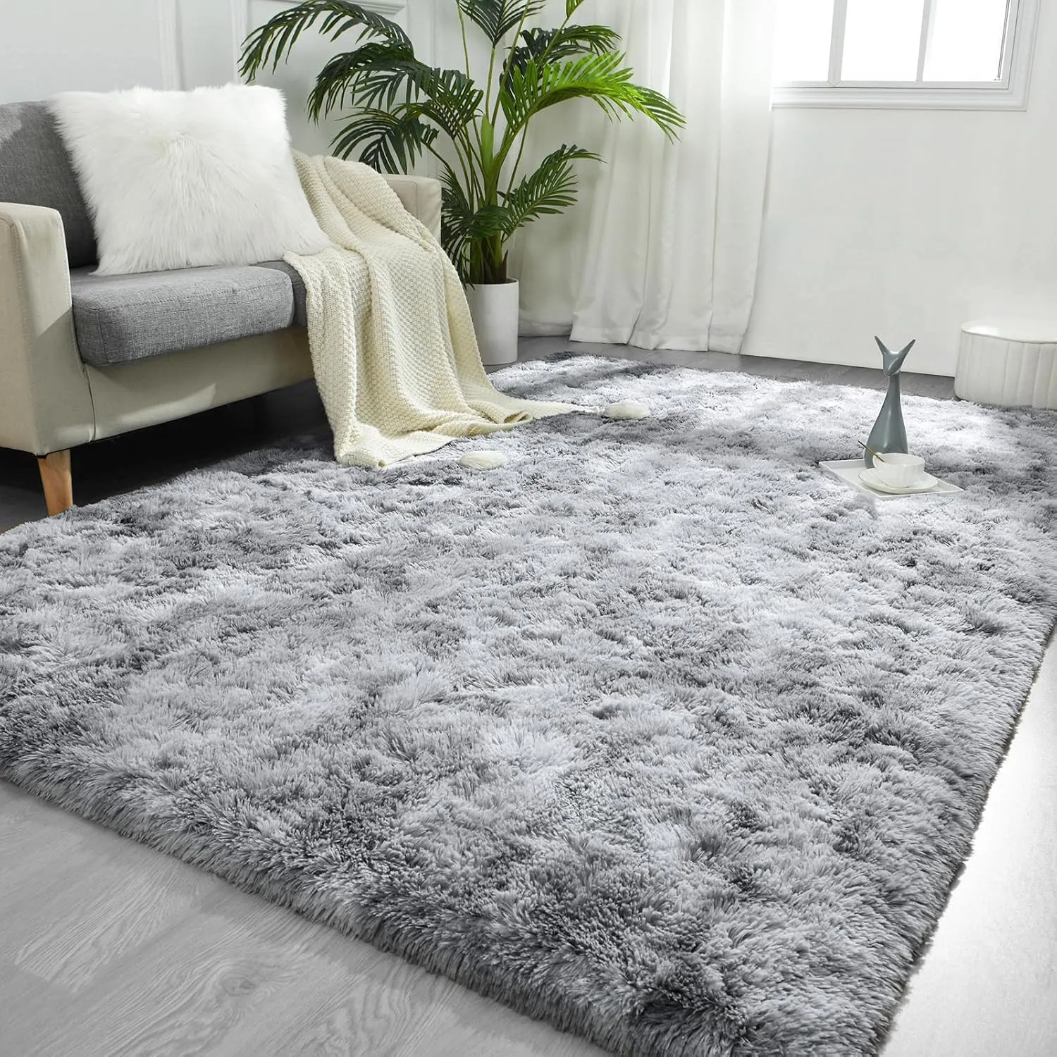 FlyDOIT Large Area Rugs for Living Room, 4x6 Feet Tie-Dyed Light Grey Shaggy Rug Fluffy Throw Carpets, Ultra Soft Plush Modern Indoor Fuzzy Rugs for Bedroom Girls Kids Nursery Room Dorm Home Decor