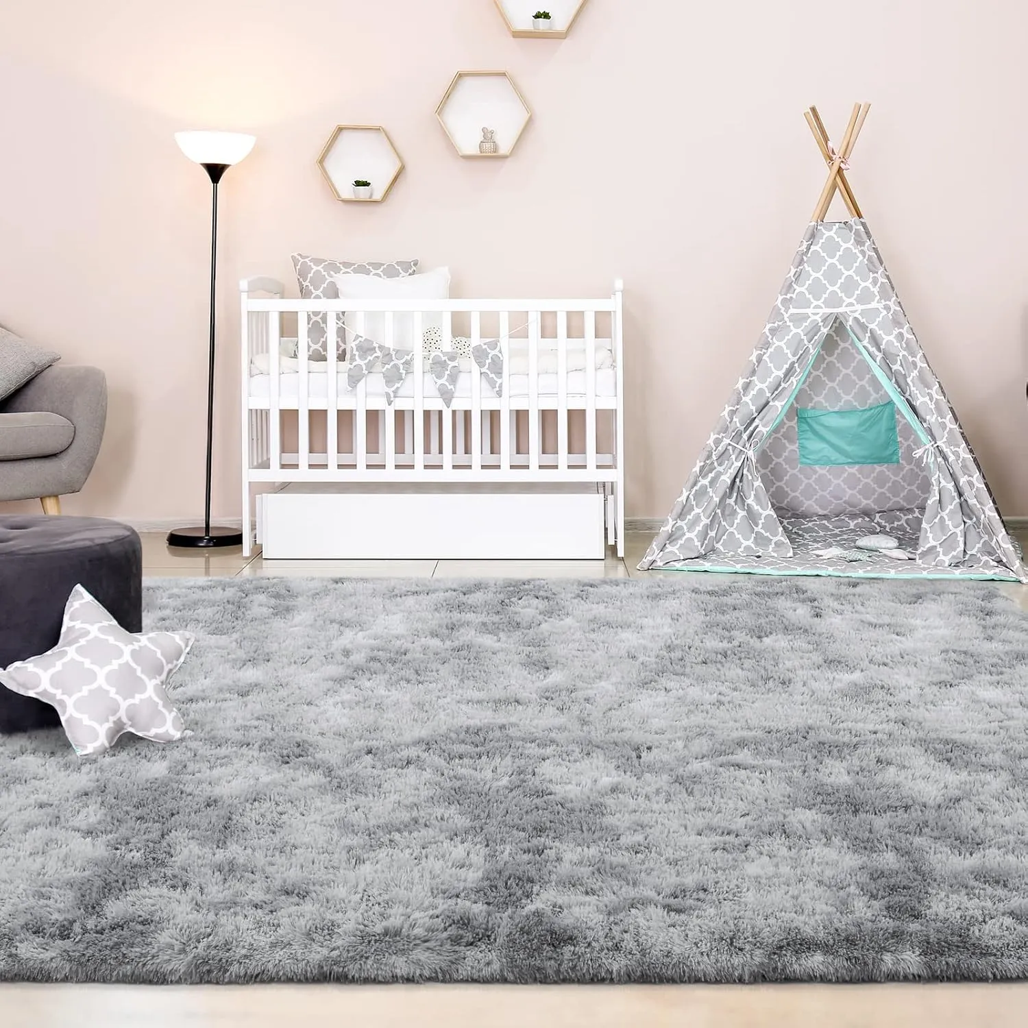 FlyDOIT Large Area Rugs for Living Room, 4x6 Feet Tie-Dyed Light Grey Shaggy Rug Fluffy Throw Carpets, Ultra Soft Plush Modern Indoor Fuzzy Rugs for Bedroom Girls Kids Nursery Room Dorm Home Decor