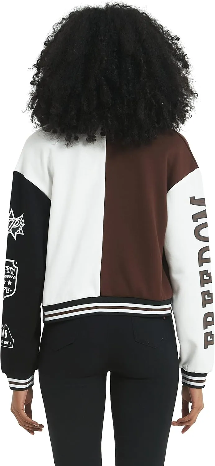 Flygo Women's Cropped Varsity Jacket Baseball Jacket Colorblock Letter Print Y2k Button Down Bomber Uniform
