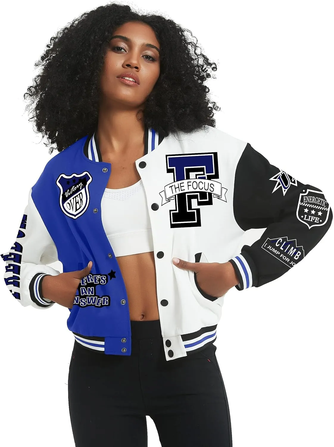 Flygo Women's Cropped Varsity Jacket Baseball Jacket Colorblock Letter Print Y2k Button Down Bomber Uniform