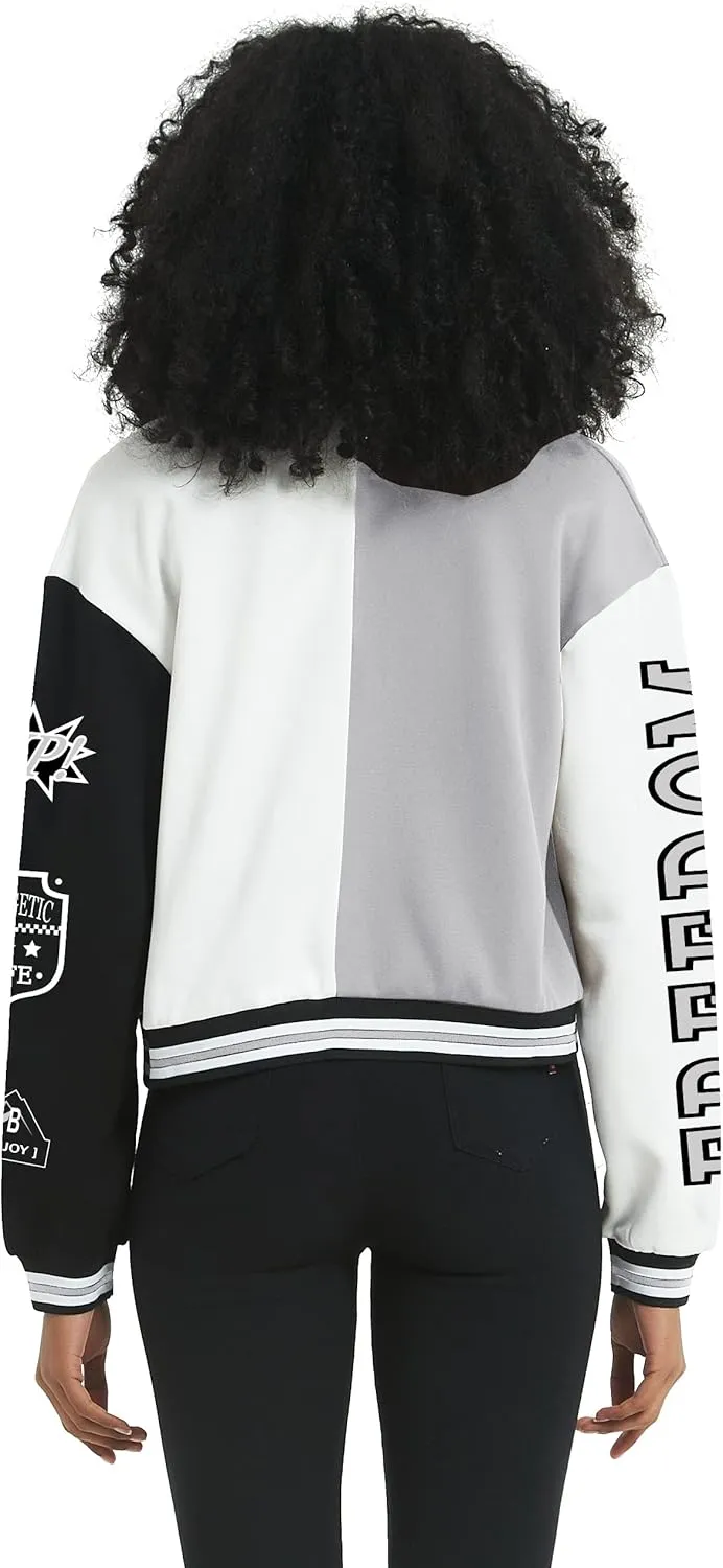 Flygo Women's Cropped Varsity Jacket Baseball Jacket Colorblock Letter Print Y2k Button Down Bomber Uniform