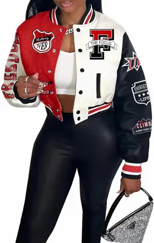 Flygo Women's Cropped Varsity Jacket Baseball Jacket Colorblock Letter Print Y2k Button Down Bomber Uniform