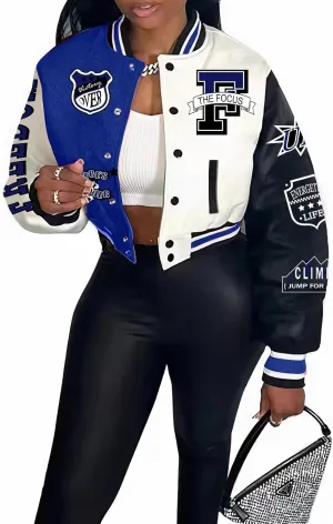 Flygo Women's Cropped Varsity Jacket Baseball Jacket Colorblock Letter Print Y2k Button Down Bomber Uniform