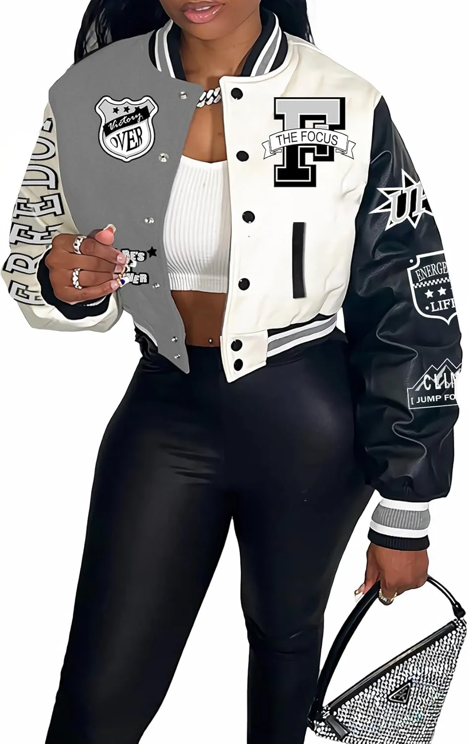Flygo Women's Cropped Varsity Jacket Baseball Jacket Colorblock Letter Print Y2k Button Down Bomber Uniform