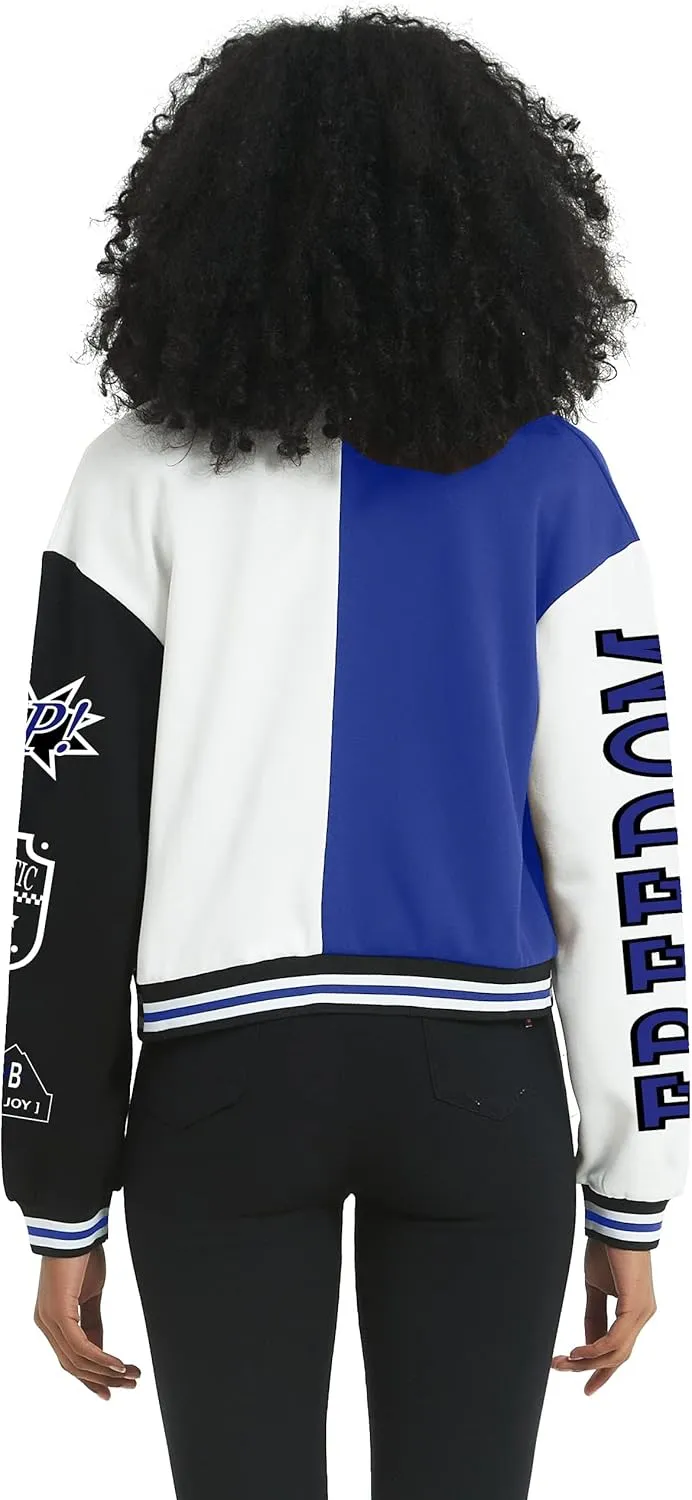 Flygo Women's Cropped Varsity Jacket Baseball Jacket Colorblock Letter Print Y2k Button Down Bomber Uniform
