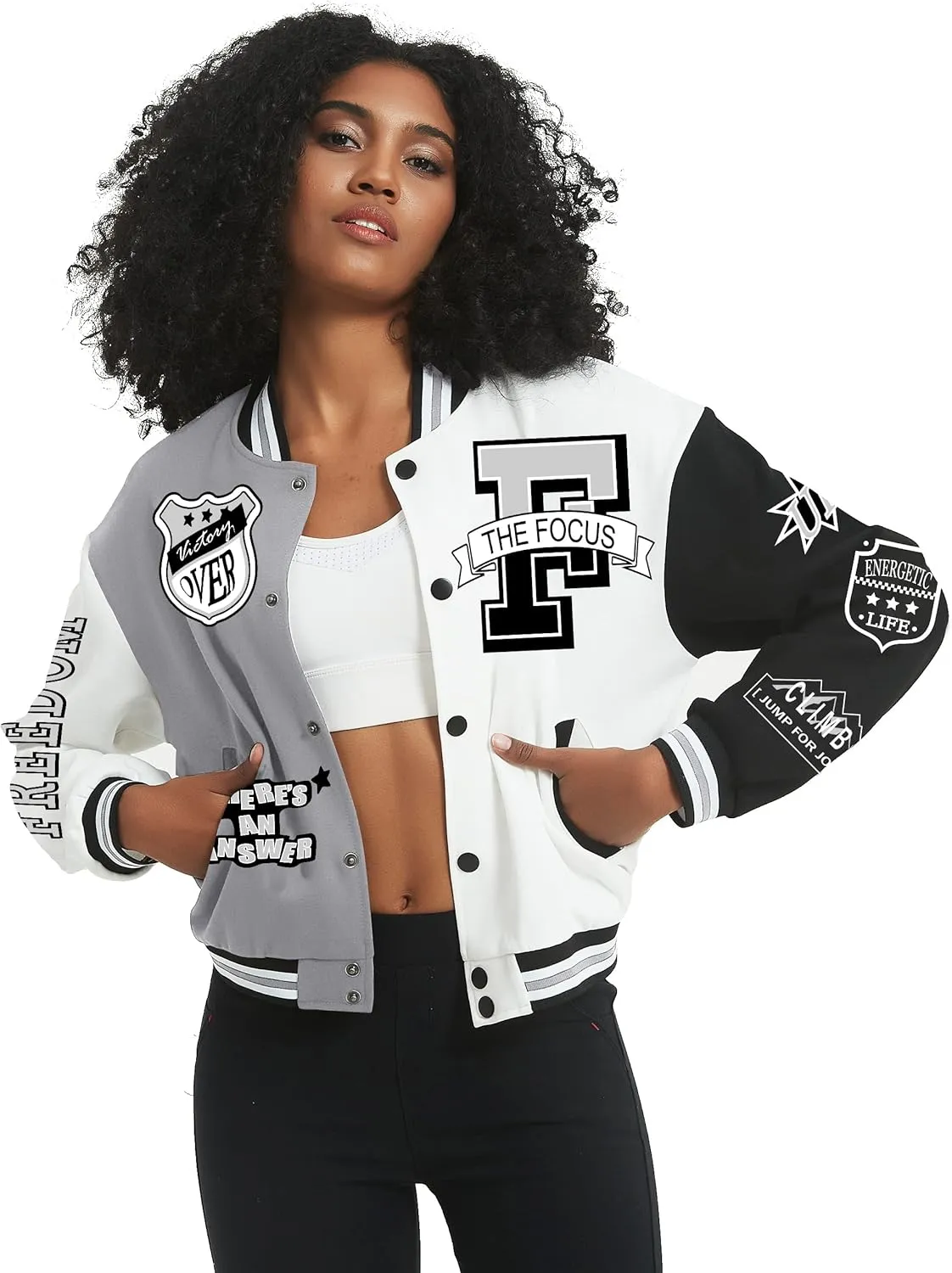 Flygo Women's Cropped Varsity Jacket Baseball Jacket Colorblock Letter Print Y2k Button Down Bomber Uniform