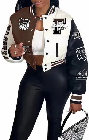 Flygo Women's Cropped Varsity Jacket Baseball Jacket Colorblock Letter Print Y2k Button Down Bomber Uniform