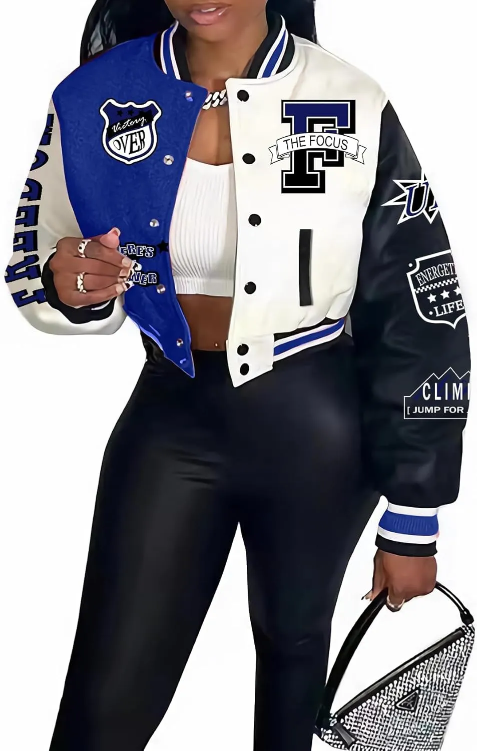 Flygo Women's Cropped Varsity Jacket Baseball Jacket Colorblock Letter Print Y2k Button Down Bomber Uniform