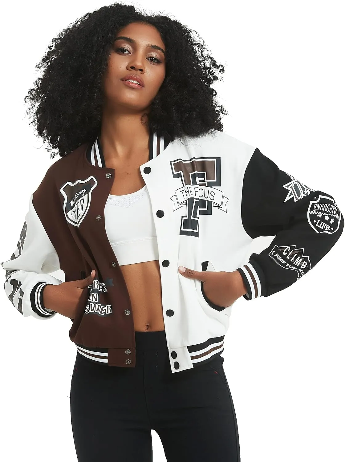 Flygo Women's Cropped Varsity Jacket Baseball Jacket Colorblock Letter Print Y2k Button Down Bomber Uniform