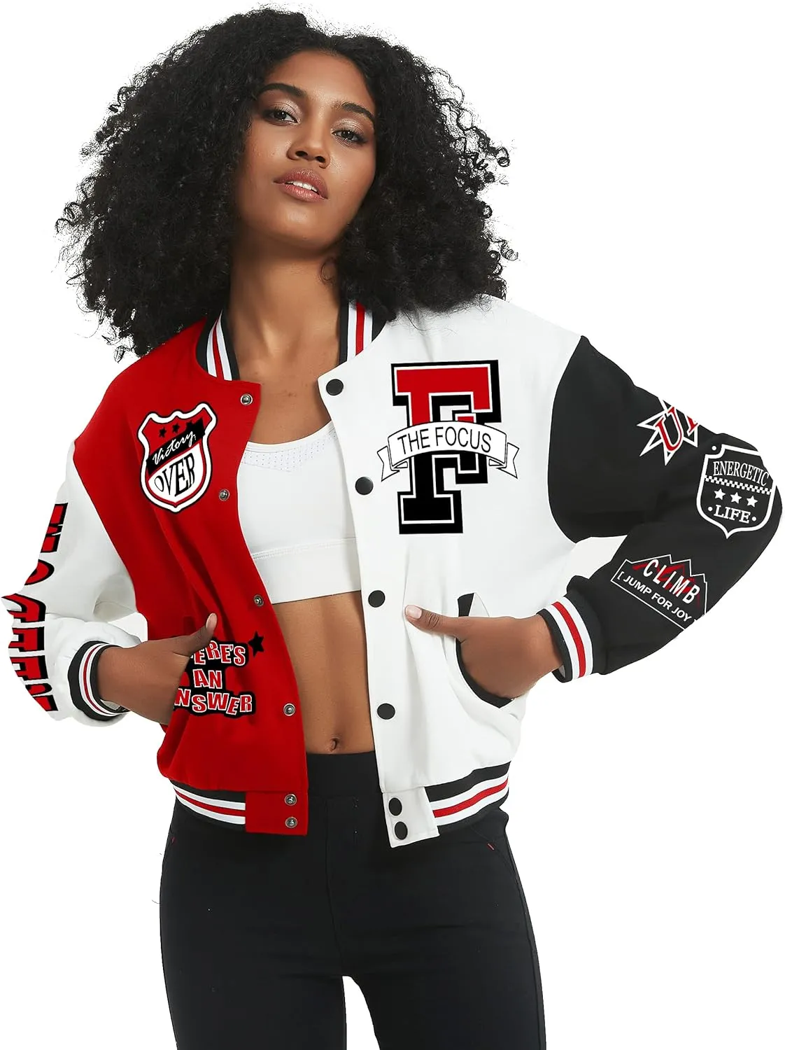 Flygo Women's Cropped Varsity Jacket Baseball Jacket Colorblock Letter Print Y2k Button Down Bomber Uniform