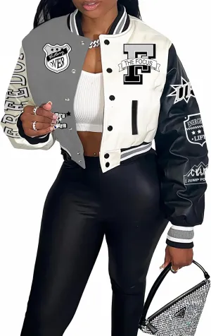 Flygo Women's Cropped Varsity Jacket Baseball Jacket Colorblock Letter Print Y2k Button Down Bomber Uniform