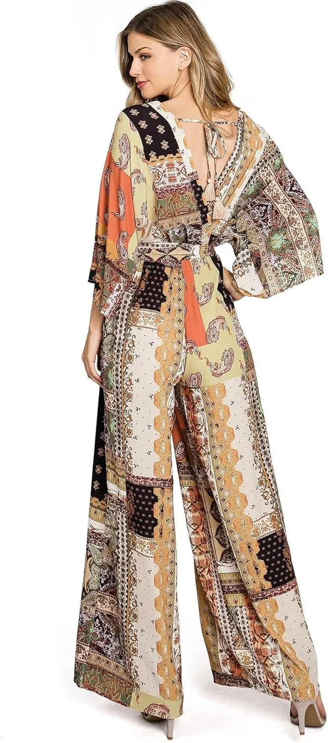 Flying Tomato Women's Patchwork Bohemian Chiffon Jumpsuit